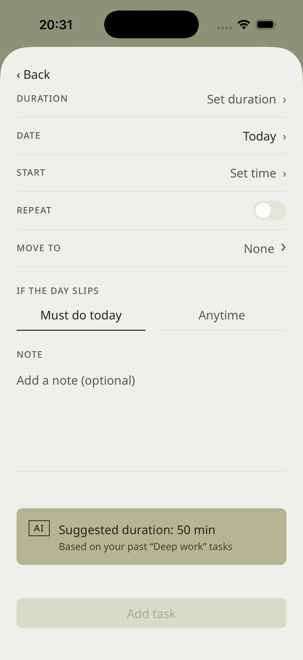 The estimate field on a new task