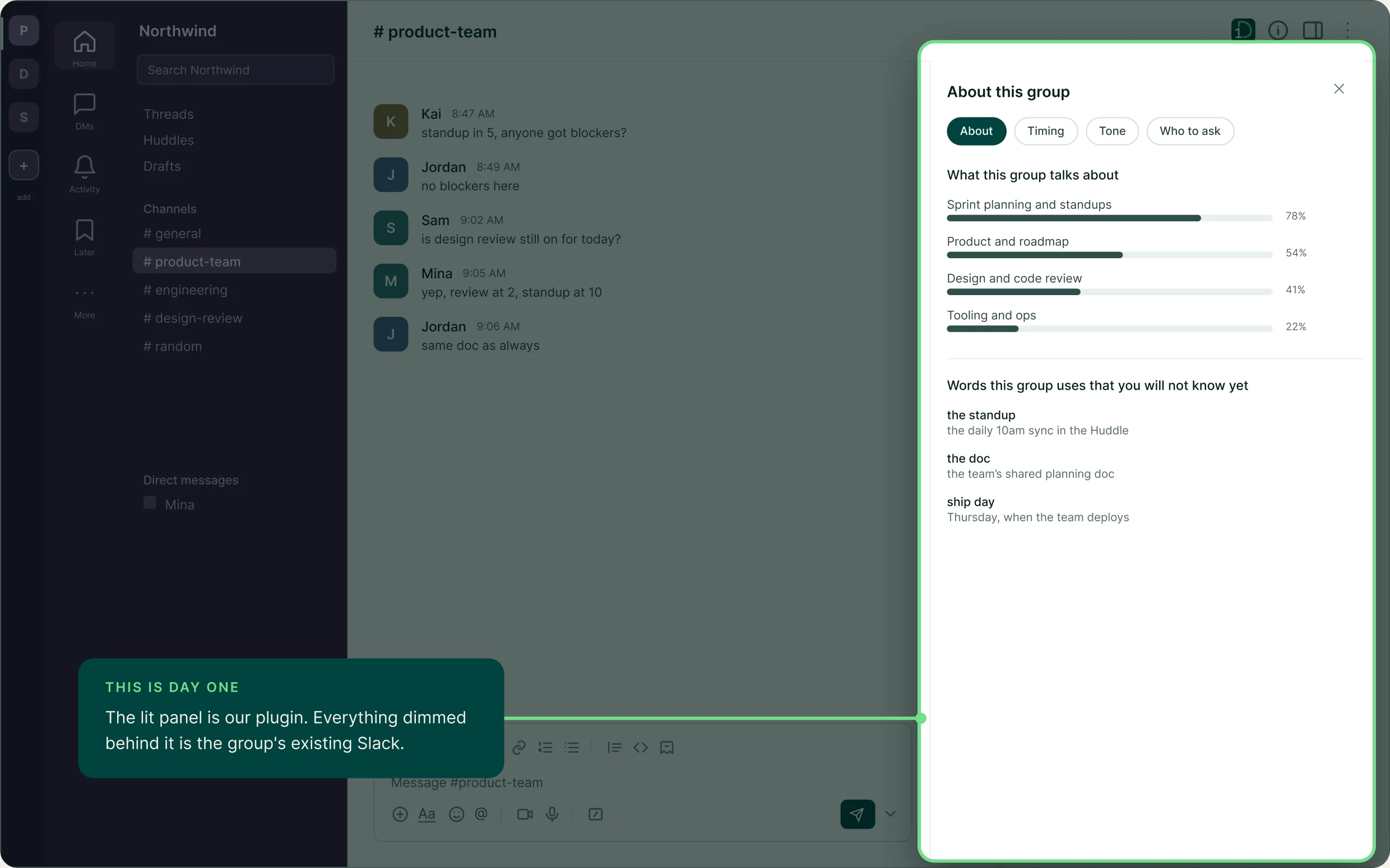 The Day One panel lit against a dimmed Slack workspace, with a note reading: the lit panel is our plugin, everything dimmed behind it is the group's existing Slack