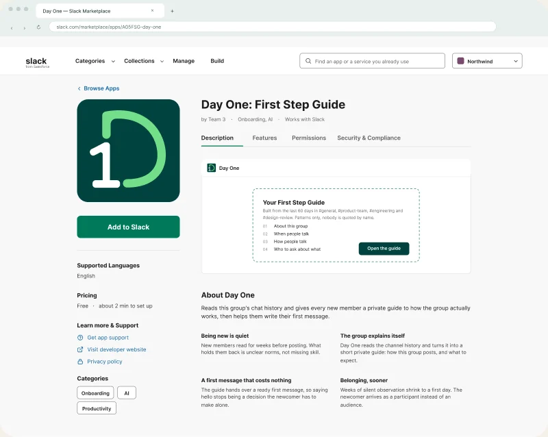 The Day One listing in Slack's App Directory