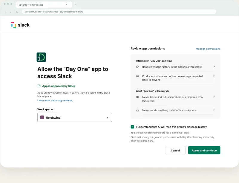 A consent screen listing exactly what Day One reads
