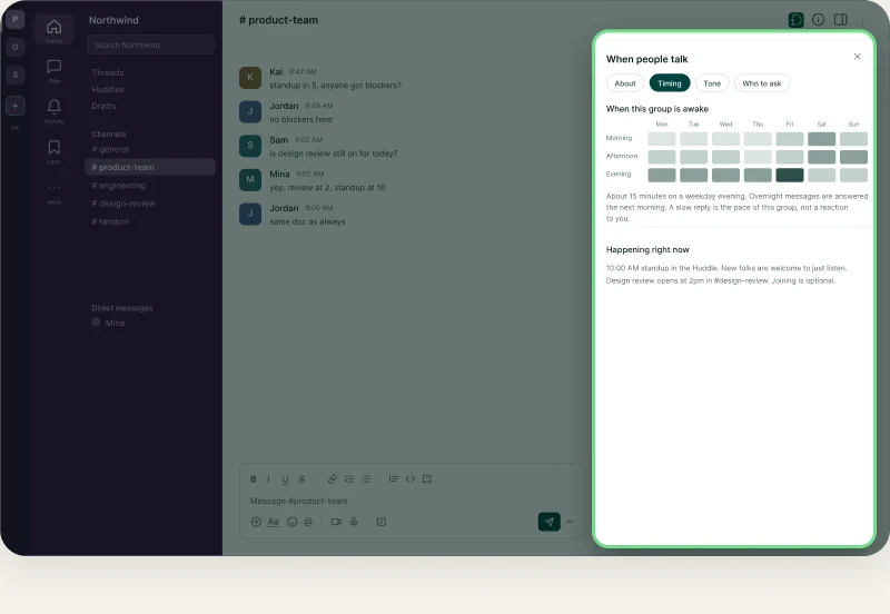 The guide panel showing activity rhythm and typical reply time