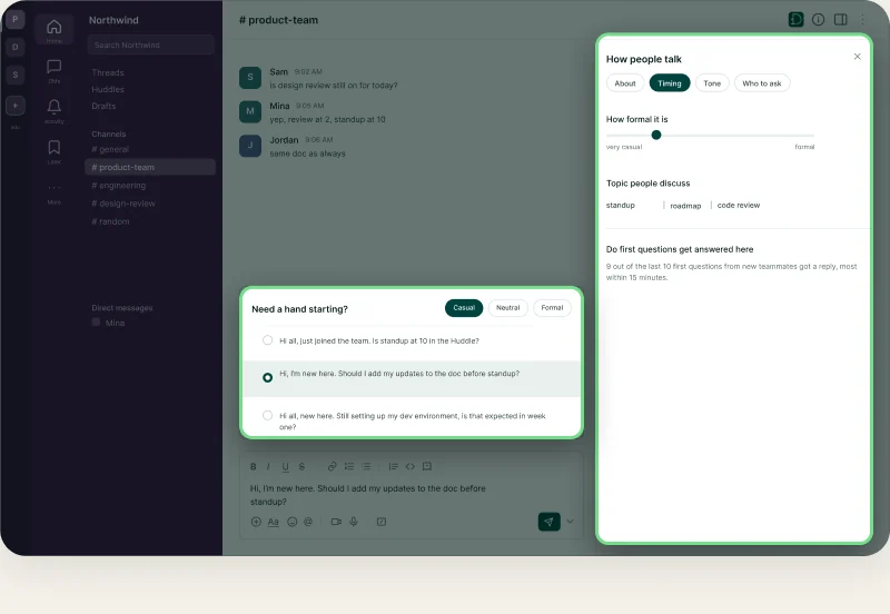 Editable message starters sitting directly above the Slack composer