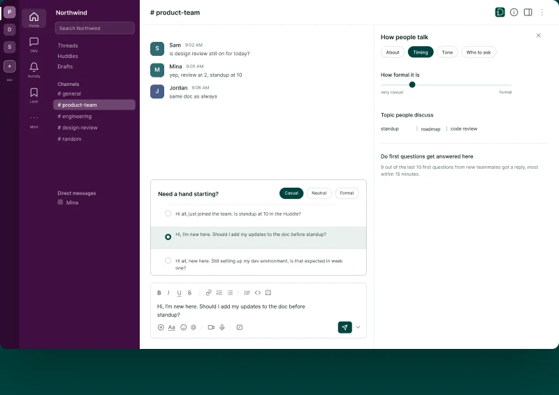 Editable message starters sitting above the composer