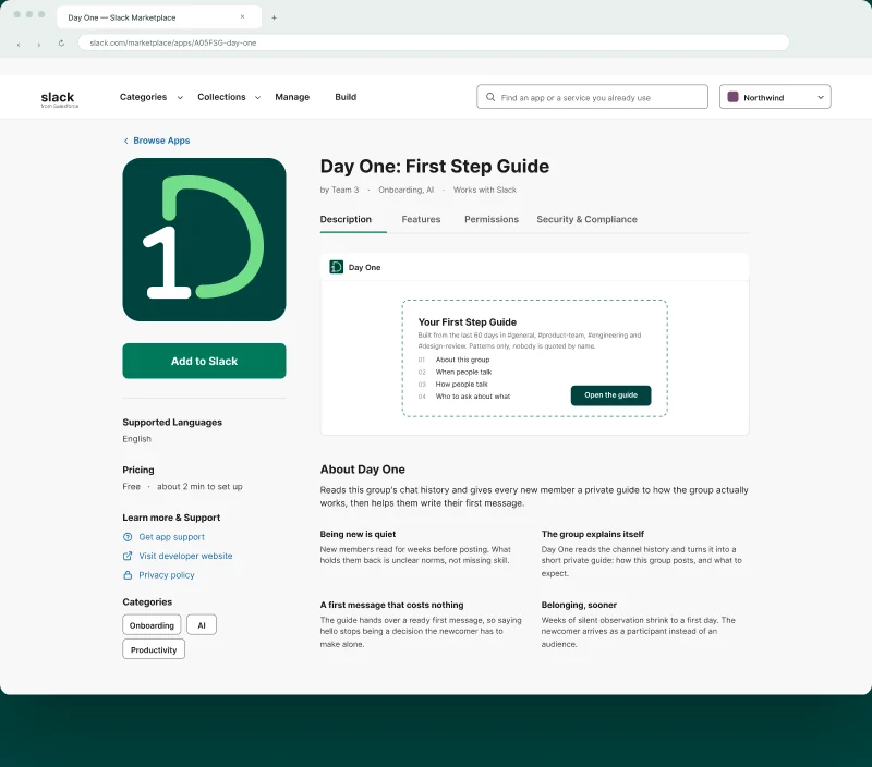 The Day One listing in the Slack App Directory