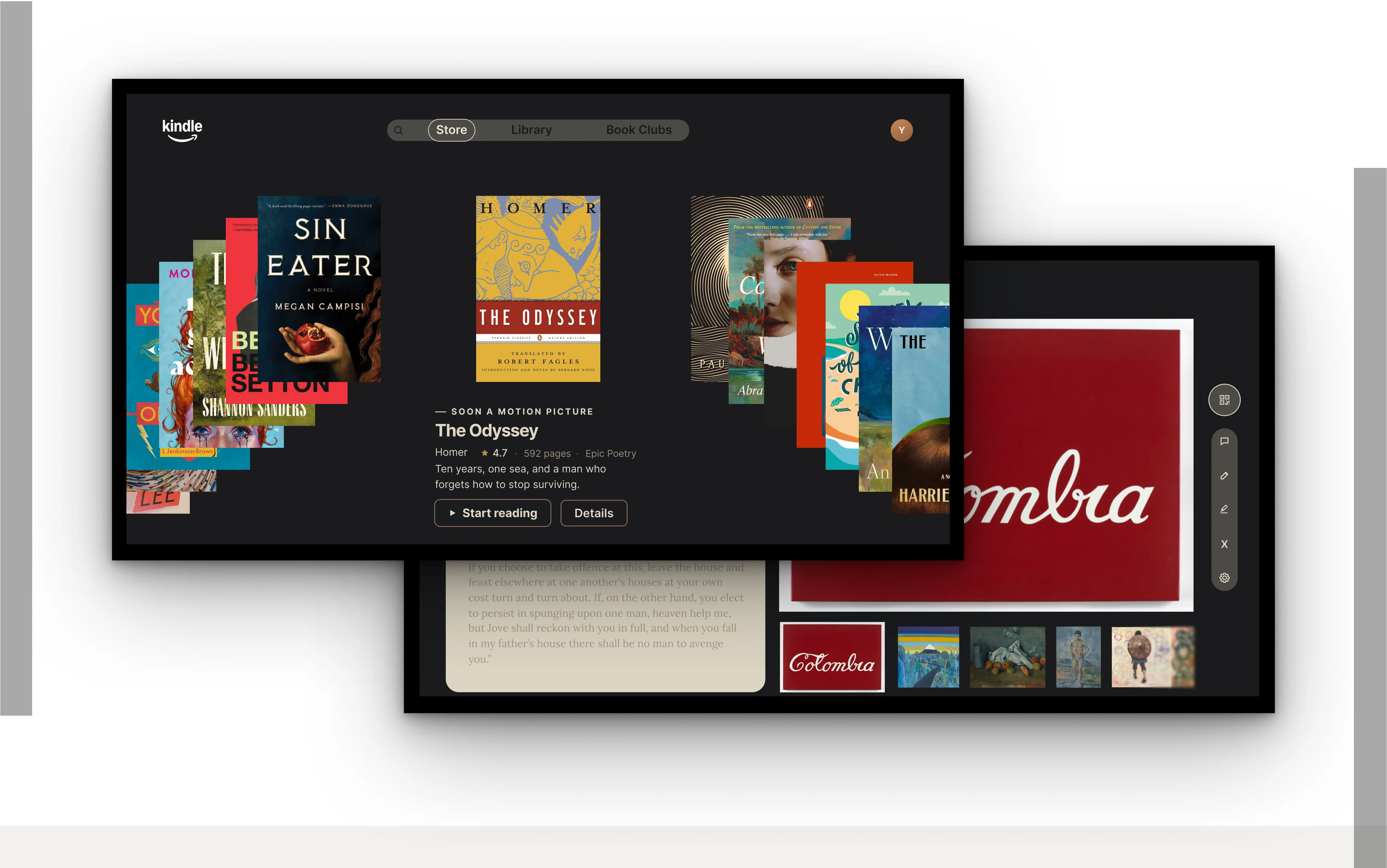 Two televisions showing Kindle TV — the discovery home screen and a book detail screen