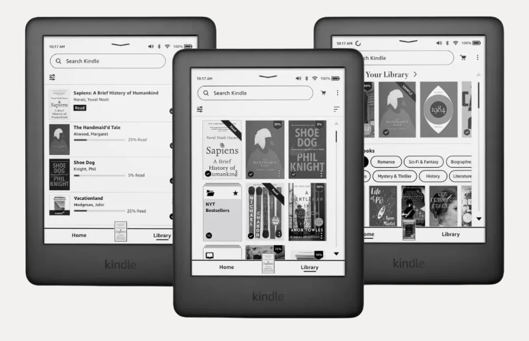 Kindle devices showing text, audiobook and comic formats